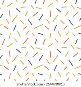 Coloridas líneas pequeñas patrón sin fisuras sobre fondo blanco. Ilustración vectorial minimalista en azul, amarillo y terracota.