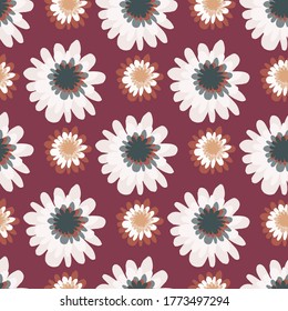 Colorful small and middle flowers on burgundy background. Seamless creative pattern. Vector illustration. Designed for kids clothes, wrapping paper, wallpaper, textile print.