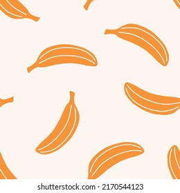 Colorful Small Scale Hand-Drawn banana Vector Seamless Pattern. Retro 70s Style Nostalgic Fashion Textile Bold Background. Seventies Style, Groovy Floral Background, Wallpaper. Flat Design, Hippie