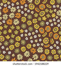 Colorful Small Scale Hand-Drawn Floral Vector Seamless Pattern. Retro 70s Style Nostalgic Fashion Textile Bold Background. Summer Resort Print. Ditsy Daisies. Flower Power