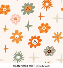 Colorful Small Scale Hand-Drawn Floral Vector Seamless Pattern. Retro 70s Style Nostalgic Fashion Textile Bold Background. Seventies Style, Groovy Floral Background, Wallpaper. Flat Design. Hippie