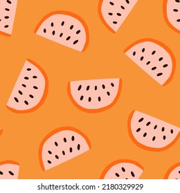 Colorful Small Scale Hand-Drawn watermelon Vector Seamless Pattern. Retro 70s Style Nostalgic Fashion Textile Bold Background. Seventies Style, Groovy Floral Background, Wallpaper. Flat Design, Hippie