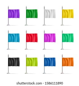 Colorful small table flags with wavy fabric. Realistic desk flag on steel stand for business presentation, promotion and marketing. Brand identity and souvenir productions vector objects