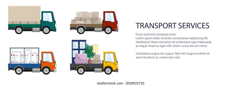 Colorful small trucks with different loads , empty and covered trucks, lorries with furniture and windows, delivery services banner, transport services and logistics, vector illustration