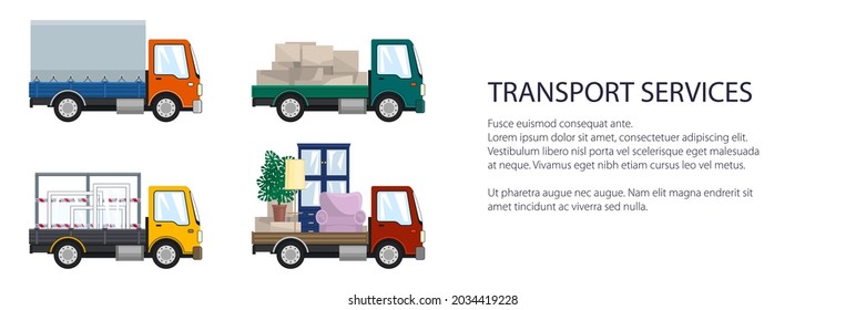 Colorful small trucks with different loads , empty and covered trucks, lorries with furniture and windows, delivery services banner, transport services and logistics, vector illustration