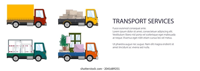 Colorful small trucks with different loads , empty and covered trucks, lorries with furniture and windows, delivery services banner, transport services and logistics, vector illustration