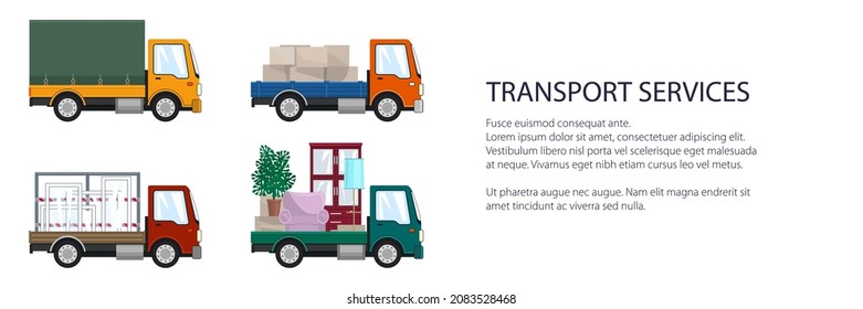 Colorful small trucks with different loads , empty and covered trucks, lorries with furniture and windows, delivery services banner, transport services and logistics, vector illustration