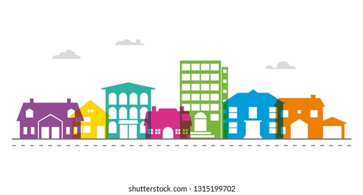 Colorful Smalltown Main Street Neighborhood Vector Illustration