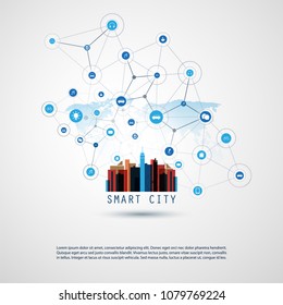 Colorful Smart City, Cloud Computing Design Concept with Icons - Digital Network Connections, Technology Background