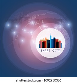 Colorful Smart City, Cloud Computing Design Concept - Digital Network Connections, Technology Background with World Map