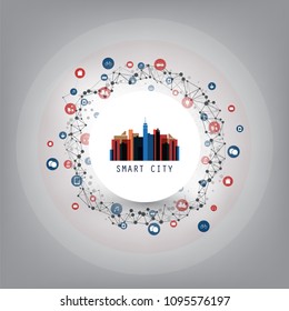 Colorful Smart City, Cloud Computing Design Concept with Icons - Digital Network Connections, Technology Background
