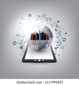 Colorful Smart City, Cloud Computing Design Concept with Icons - Digital Network Connections, Technology Background