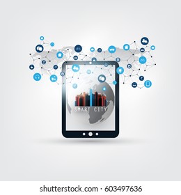 Colorido Smart City, Cloud Computing Design Concept con iconos - Conexiones de red digitales, fondo tecnológico