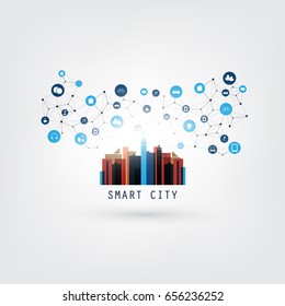 Colorful Smart City, Cloud Computing Design Concept with Icons - Digital Network Connections, Technology Background