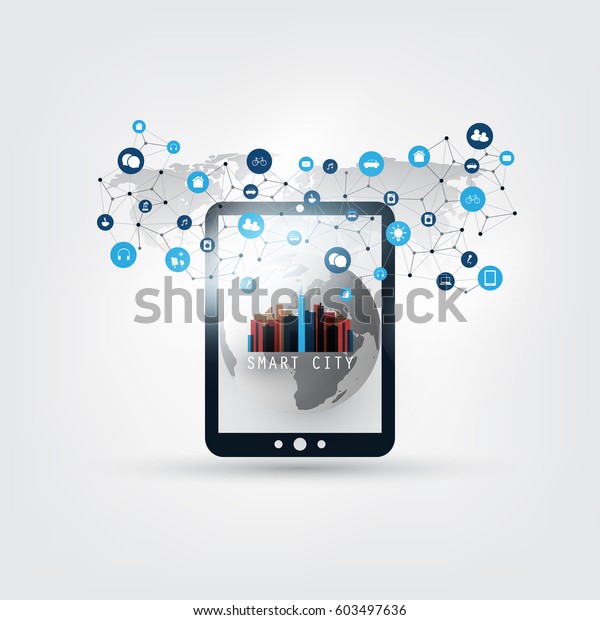 Colorful Smart\
City, Cloud Computing Design Concept with Icons - Digital Network\
Connections, Technology\
Background