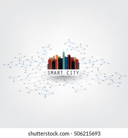 Colorful Smart City Design Concept with Icons - Digital Network Connections, Technology Background