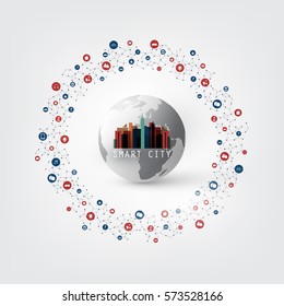Colorful Smart City Design Concept with Icons - Digital Network Connections, Technology Background