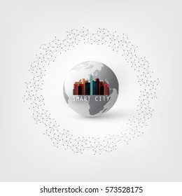 Colorful Smart City Design Concept - Digital Network Connections, Technology Background