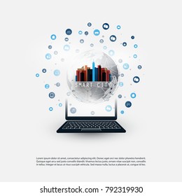 Colorful Smart City Design Concept with Icons Representing Various IoT Devices and Consumer Services - Digital Network Connections, Technology Background