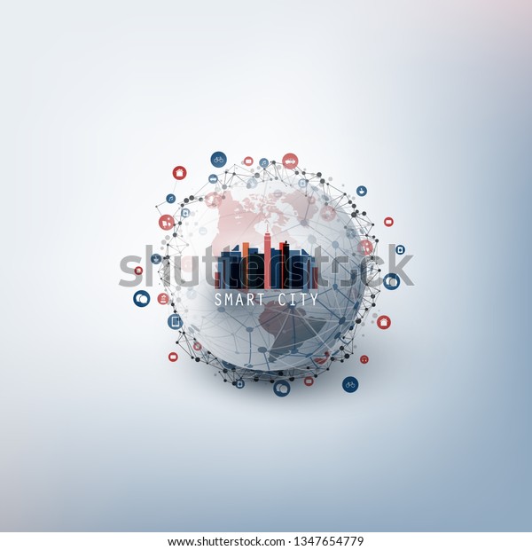 Colorful Smart City Design Concept\
with Icons Representing Various IoT Devices and Consumer Services -\
Digital Network Connections, Technology Background\
