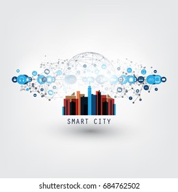 Colorful Smart City, Internet of Things or Cloud Computing Design Concept with Icons - Digital Network Connections, Technology Background