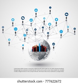 Colorful Smart City, Internet of Things or Cloud Computing Design Concept with Icons - Digital Network Connections, Technology Background