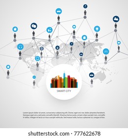 Colorida Ciudad Inteligente, Internet de las cosas o Cloud Computing Design Concept con iconos - Conexiones de red digital, fondo tecnológico