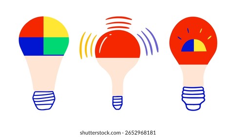 Colorful smart eco-friendly energy-saving light bulbs. Vector set. 