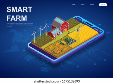 Colorful Smart Farm on a digital device with wooden barn, wind turbines, photovoltaic solar panels, and drone in an isometric vector illustration over a world map depicting global online control