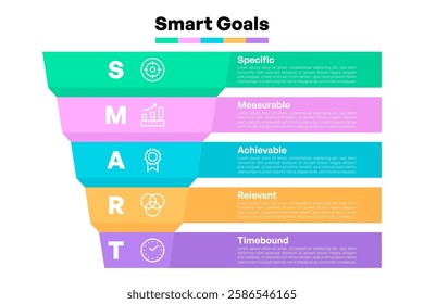 Colorful SMART Goals Funnel Diagram with Icons and Descriptions Vector Illustration