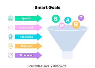 Colorful SMART Goals Infographic with Funnel Diagram and Illustrated Sections Vector Illustration