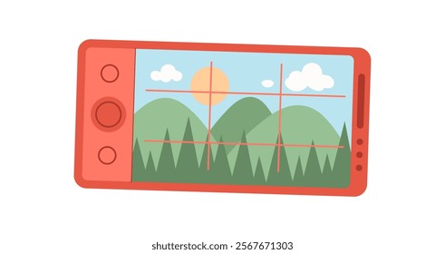 A colorful smartphone with camera application on the screen. A user holds the phone for taking a selfie. The mobile device shows a vibrant photo scene and technology concept, online media context,