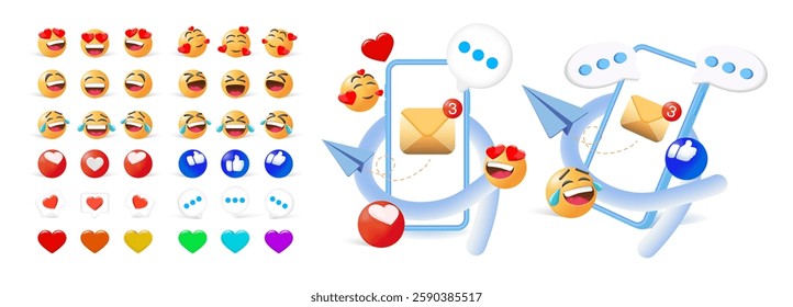 Colorful Smartphone Emoji Vector Set: Funny Yellow Emoticons for Social Media Reactions, Messages, Love, Like, Engagement, Notifications, Dialogue, Sent Plane, and Laughing Faces. Vector.