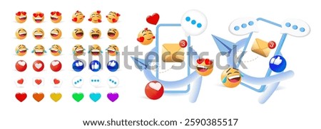 Colorful Smartphone Emoji Vector Set: Funny Yellow Emoticons for Social Media Reactions, Messages, Love, Like, Engagement, Notifications, Dialogue, Sent Plane, and Laughing Faces. Vector.
