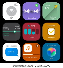 Colorful smartwatch app interface icons set featuring various functions