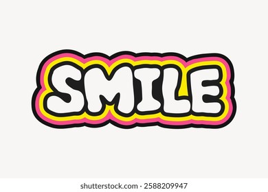 Colorful 'SMILE' text with bold, playful letters. 'SMILE' stands out with vibrant colors. The word 'SMILE' is outlined in pink and yellow for emphasis. Creative typography design vector.