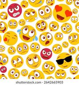 Colorful smiley face pattern with various expressions vector illustration. Playful and vibrant background showing a wide range of emotions, from love and joy to anger and sadness.
