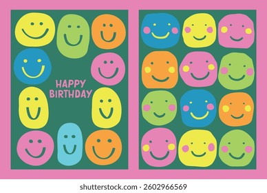 Colorful Smiley Faces With Happy Birthday Text On Green Background