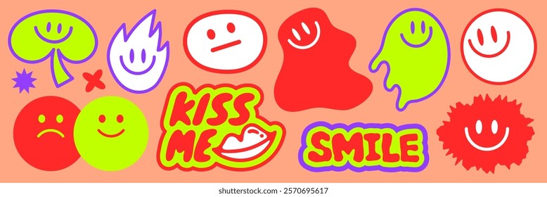 Colorful smiley faces and playful shapes in red, green, and white Fun, vibrant smiley designs with abstract forms and cheerful expressions Funky stickers, vector set