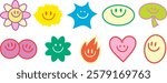 Colorful smiley faces in various shapes: flowers, stars, hearts. Smiley faces bring joy. Smiley faces in bright colors. Smiley faces everywhere! Cute and colorful illustration vector set.