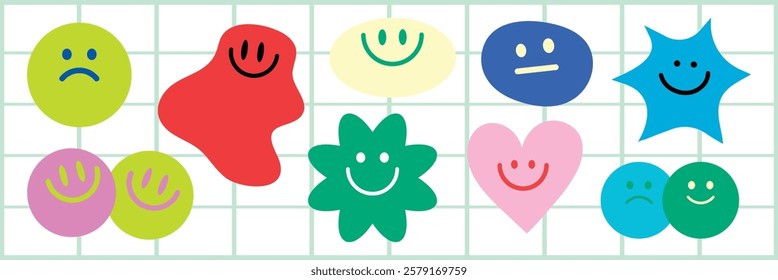 Colorful smiley faces, various shapes, and emotions. Smiley faces in bright colors. Emotions shown through smiley faces and shapes. Cute and colorful illustration vector set.