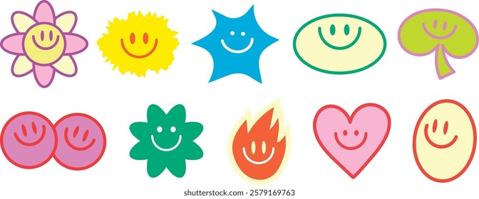 Colorful smiley faces in various shapes: flowers, stars, hearts. Smiley faces bring joy. Smiley faces in bright colors. Smiley faces everywhere! Cute and colorful illustration vector set.