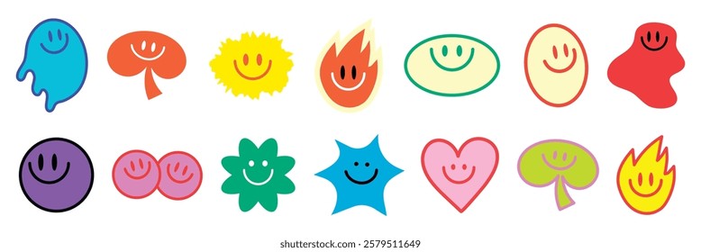 Colorful smiley faces in various shapes. Smiley faces in bright colors. Unique shapes with smiley faces in vibrant colors. Cute and colorful illustration vector set.