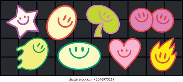 Smileys coloridos em várias formas: estrela, coração, fantasma. Rostos sorridentes em uma grade escura. Smileys brilhantes trazem alegria e diversão. Conjunto de vetores de ilustração bonito e colorido.