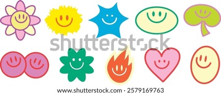Colorful smiley faces in various shapes: flowers, stars, hearts. Smiley faces bring joy. Smiley faces in bright colors. Smiley faces everywhere! Cute and colorful illustration vector set.