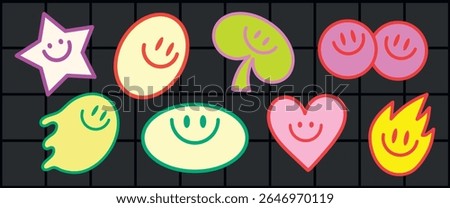 Colorful smiley faces in various shapes: star, heart, ghost. Smiley faces on a dark grid. Bright smiley faces bring joy and fun. Cute and colorful illustration vector set.