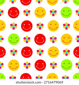 Colorful smiley and flower pattern background. Cute happy faces and small flowers pattern.Seamless pattern with playful smiley icons.
Fun smiling faces pattern on white background.