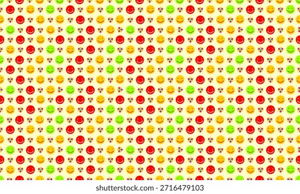 Colorful smiley and flower pattern background. Cute happy faces and small flowers pattern.Seamless pattern with playful smiley icons.
Fun smiling faces pattern on yellow background.