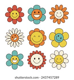 Colorful smiling daisy chamomile flower icon set. Groovy retro icon set. 60s, 70s hippie psychedelic style. Trendy graphic print. Sunny template. Flat design. Isolated. White background. Vector