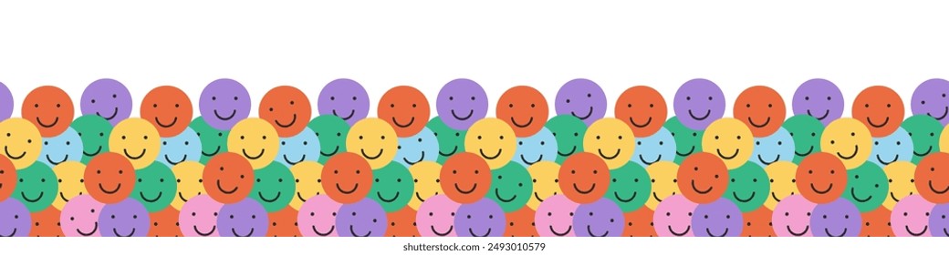 Colorful smiling face sticker cartoon seamless pattern. Funny retro smile faces background illustration. Vintage character wallpaper, fun pastel color texture print.